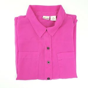 Mudd Neon Pink Sheer Button-up Blouse Size M